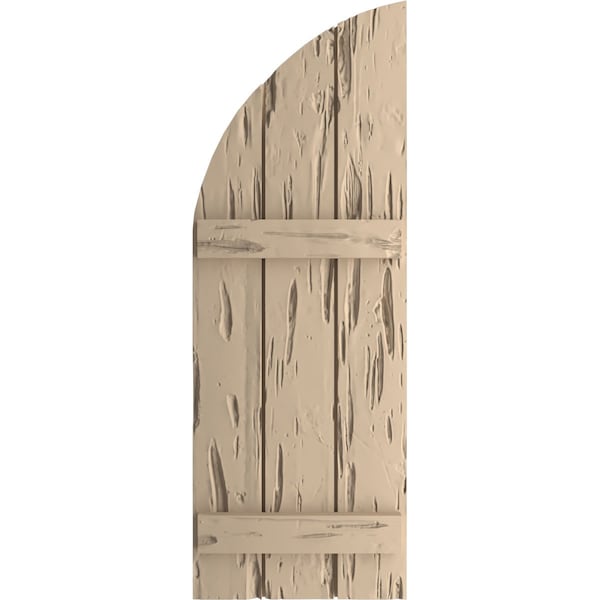 Pecky Cypress Joined Board-n-Batten W/Quarter Round Arch Top Faux Wood Shutters, 16.5W X 40H
